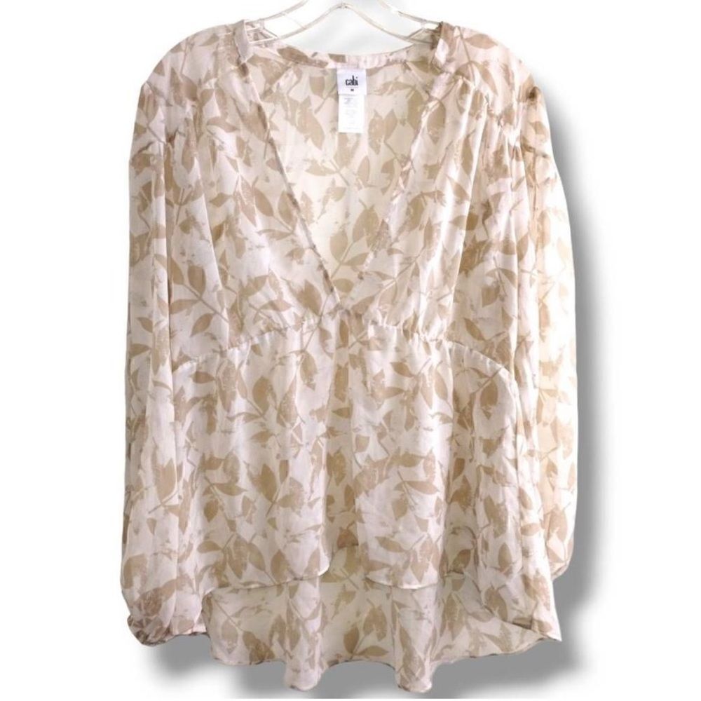 CABI White Tan Blouse Flowing SemiSheer
Chiffon LS Full Puffed Sleeves Deep VNec